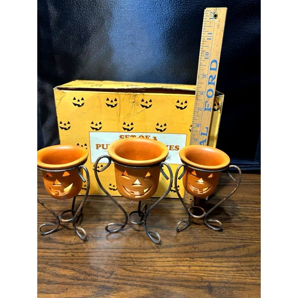 Vintage Terra-Cotta Jack-O'-Lantern Votive Candle Holders Set Of 3, Metal Stands